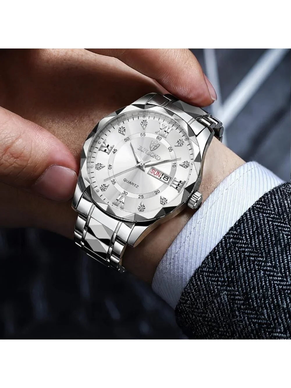 Unisex Silver White Analog Stainless Steel Roman Numeral Diamond Luxury Watch